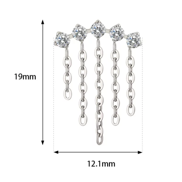 Piercing Labret Cascade de Chaînes en Titane & Zircons Scintillants (dimensions).