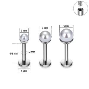 Piercing Labret Perle Blanche sur Socle Titane (dimensions).