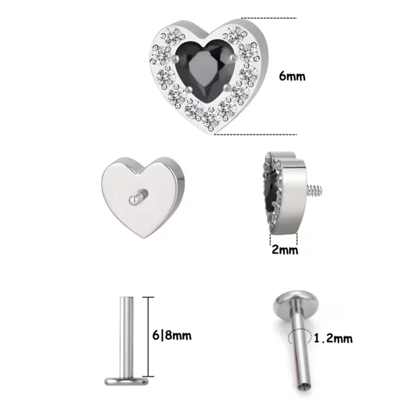 Piercing Labret Titane avec Cœur Noir & Éclats de Zircon (dimensions) Piercing Labret Titane avec Cœur Noir & Éclats de Zircon (dimensions).