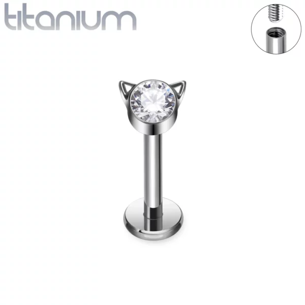 Piercing Labret en Titane Chat Zirconium Serti, Filetage Interne.