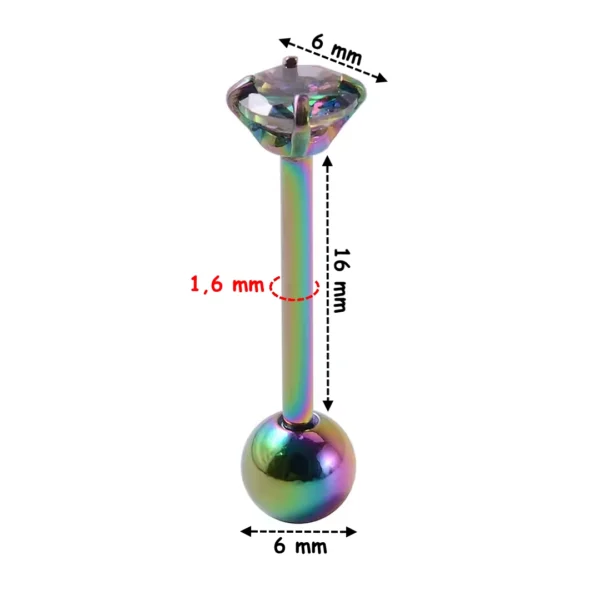Piercing Langue Barbell 16 mm à Zirconium Griffé - Acier 316L Multicolore PVD Piercing Langue Barbell 16 mm à Zirconium Griffé - Acier 316L Multicolore PVD.