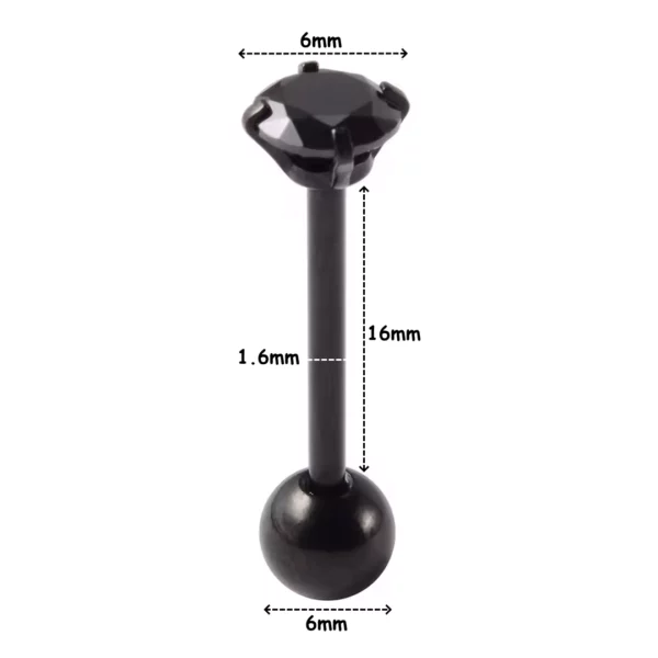 Piercing Langue Barbell Acier Chirurgical Bille & Zircon Finition Naturelle ou Noire (dimensions).