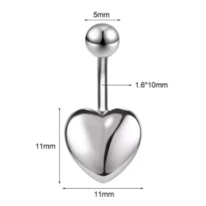 Piercing Nombril Cœur Bombé en Acier (dimensions).