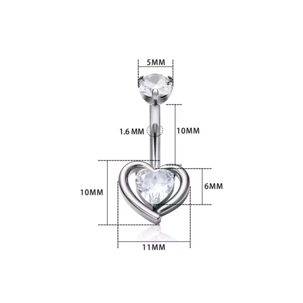 Piercing Nombril Double Cœur Titane et Zirconium (dimensions).