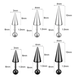 Piercing Punk Barbell à Spike pour Cartilage & Labret Central (dimensions).