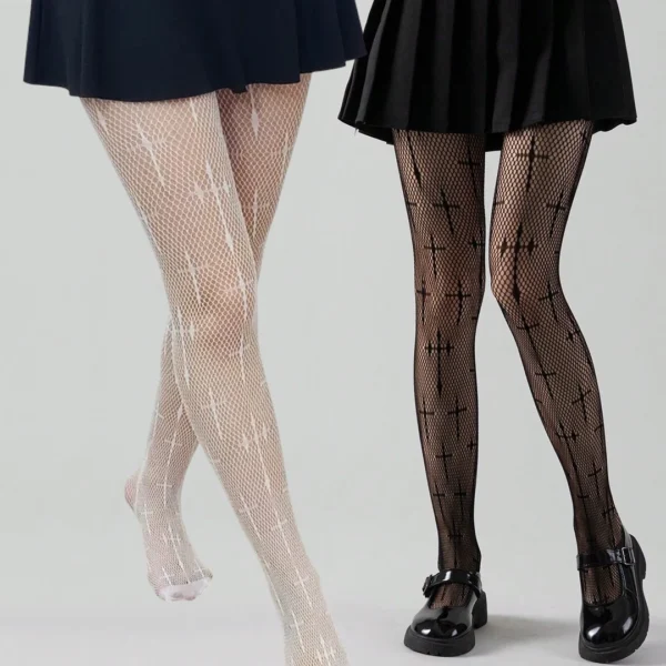 Collants Résille Motif Croix Gothiques - Noir ou Blanc.