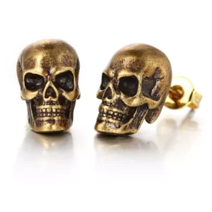 Boucles d’Oreilles Crâne Acier Inoxydable Poli Effet Vieilli Finition Dorée.