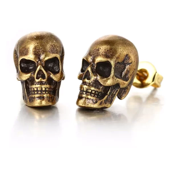 Boucles d’Oreilles Crâne Acier Inoxydable Poli Effet Vieilli Finition Dorée.