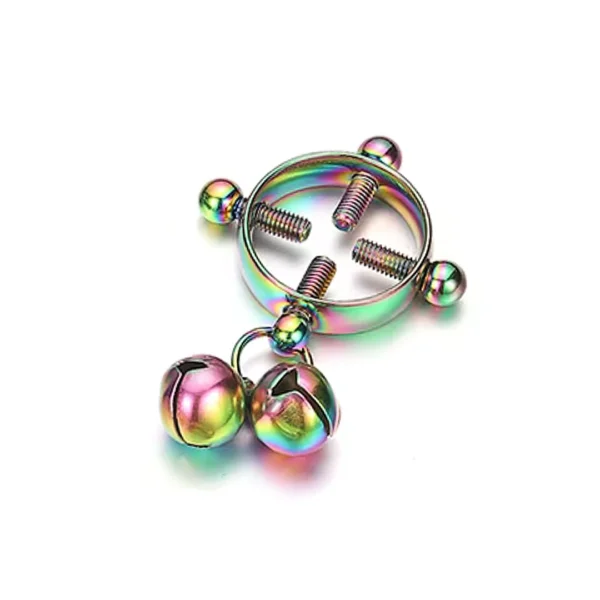 Faux Piercing Téton Réglable Vis de Serrage avec Clochettes en Acier Multicolore PVD Faux Piercing Téton Réglable Vis de Serrage avec Clochettes en Acier Multicolore PVD.