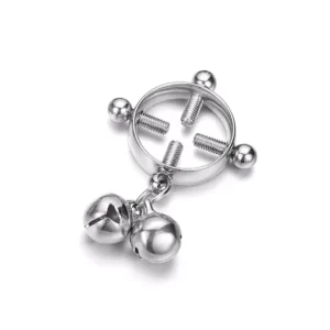 Faux Piercing Téton Réglable Vis de Serrage avec Clochettes (variante couleur acier brut).