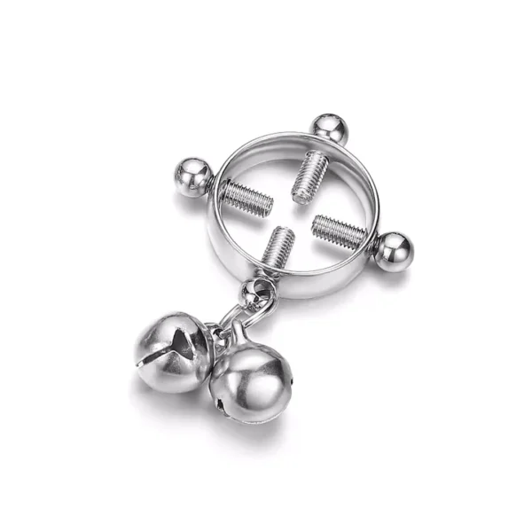 Faux Piercing Téton Réglable Vis de Serrage avec Clochettes (variante couleur acier brut) Faux Piercing Téton Réglable Vis de Serrage avec Clochettes (variante couleur acier brut).
