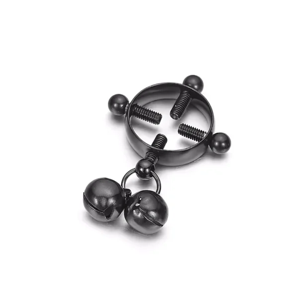 Faux Piercing Téton Réglable Vis de Serrage avec Clochettes (variante couleur noir PVD) Faux Piercing Téton Réglable Vis de Serrage avec Clochettes (variante couleur noir PVD).