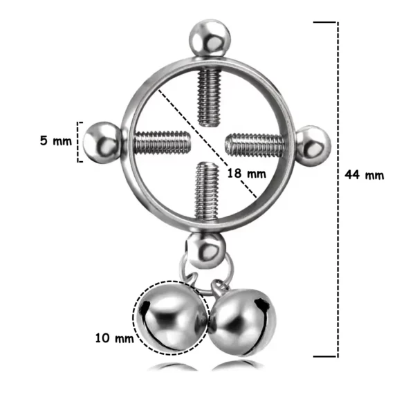Faux Piercing pour Téton Réglable par Vis de Serrage avec Clochettes (dimensions).