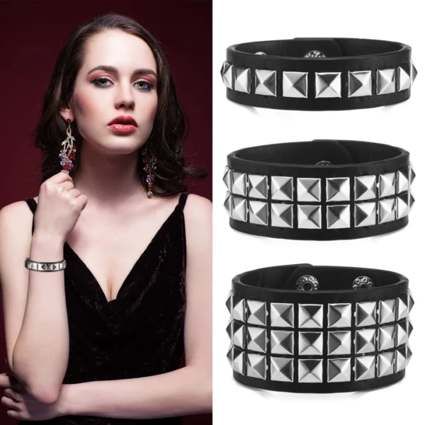 Bracelet Cuir Noir avec Rivets Punk Pyramide.