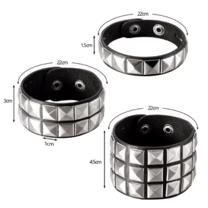 Bracelet Cuir Noir avec Rivets Punk Pyramide (dimensions)