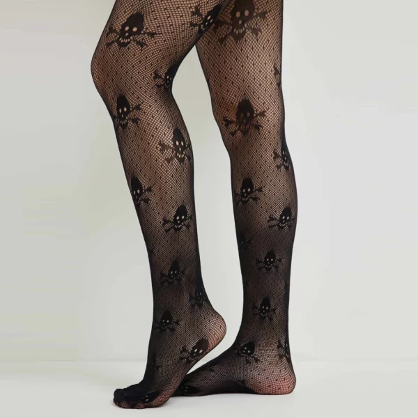 Collant Gothique en Résille Noire à Pois et Crânes.