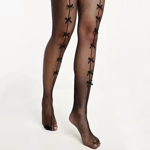 Collant Résille Noir orné de Sept Nœuds Ruban en Satin.