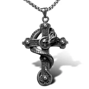 Collier Croix Gothique Enlacée d’un Dragon & Crâne en Acier.