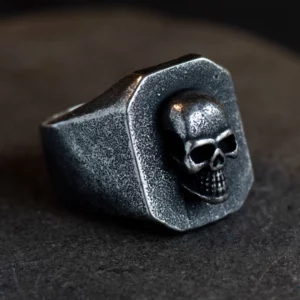 Chevalière Tête de Mort Homme Acier Inox Noir Vintage.