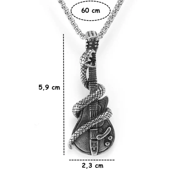 Collier Punk Rock Guitare & Serpent en Acier Inoxydable avec Chaîne à Mailles Vénitiennes (dimensions) Collier Punk Rock Guitare & Serpent en Acier Inoxydable avec Chaîne à Mailles Vénitiennes (dimensions).