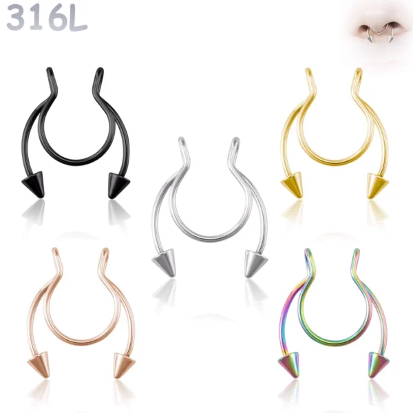 Faux Piercing Nez Septum Fer à Cheval à Pointes Acier 316L.