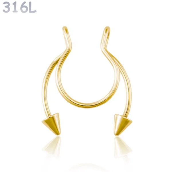 Faux Piercing Nez Septum Fer à Cheval à Pointes Acier 316L Doré PVD Faux Piercing Nez Septum Fer à Cheval à Pointes Acier 316L Doré PVD