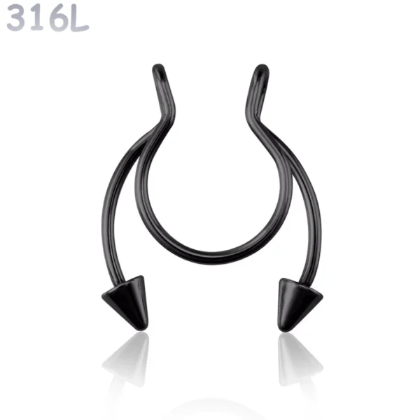 Faux Piercing Nez Septum Fer à Cheval à Pointes Acier 316L Noir PVD Faux Piercing Nez Septum Fer à Cheval à Pointes Acier 316L Noir PVD