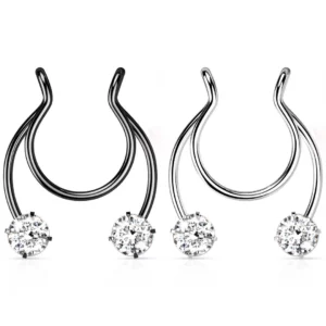 Faux Piercing Nez Septum en Acier Noir ou Clair à Strass.