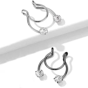 Faux Piercing Septum Fer à Cheval en Acier Inoxydable Noir ou Blanc avec Strass.