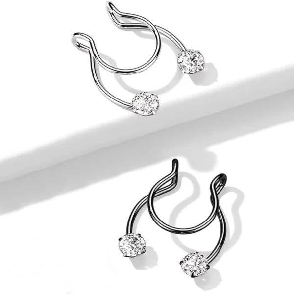 Faux Piercing Septum Fer à Cheval en Acier Inoxydable Noir ou Blanc avec Strass.