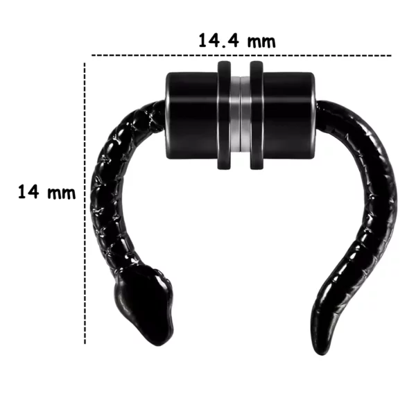 Faux Piercing Septum Serpent Noir Aimanté en Acier Inoxydable (dimensions) Faux Piercing Septum Serpent Noir Aimanté en Acier Inoxydable (dimensions).