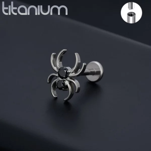 Piercing Araignée Labret Titane à Zirconium Griffé Noir.