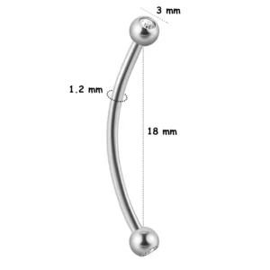 Piercing Barbell Courbé Long à Billes Serties (dimensions).