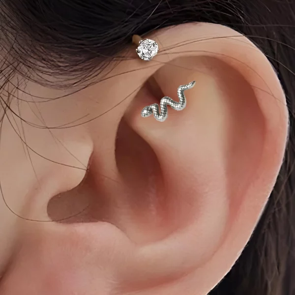 Piercing Fer à Cheval Serpent & Zircon sur Hélix Piercing Fer à Cheval Serpent & Zircon sur Hélix.