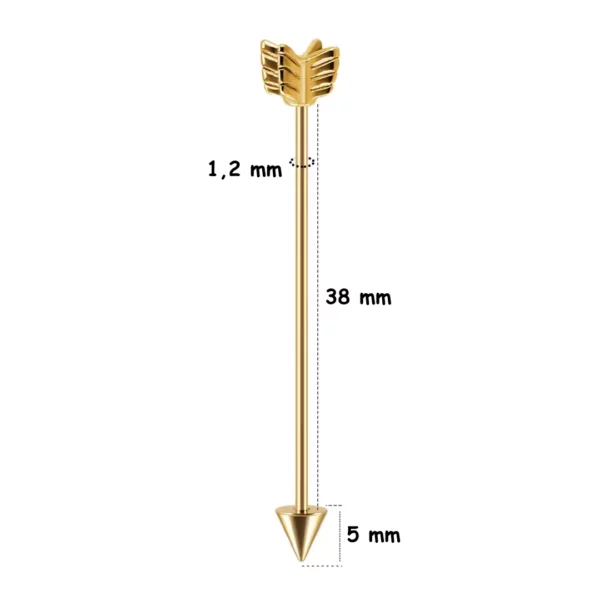 Piercing Flèche Type Industriel en Acier Chirurgical 1.2×38 mm (variante couleur doré) Piercing Flèche Type Industriel en Acier Chirurgical 1.2×38 mm (variante couleur doré).