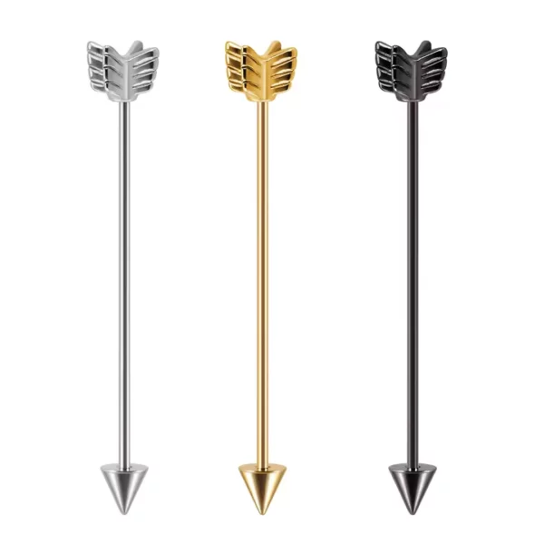 Piercing Flèche Type Industriel en Acier Chirurgical 1.2×38 mm (variantes couleur acier, doré ou noir).