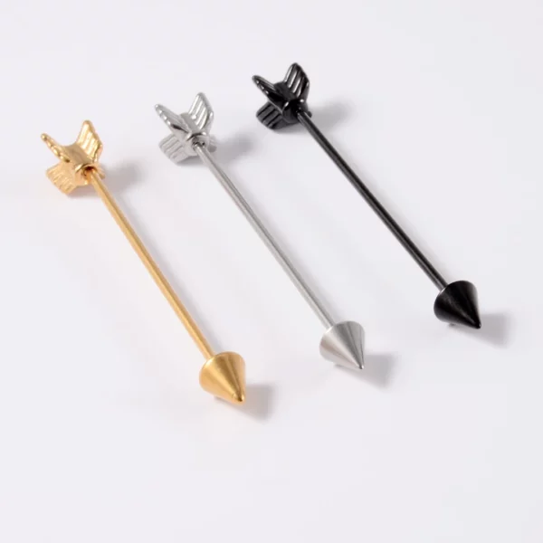 Piercing Flèche Type Industriel en Acier Chirurgical 1.2×38 mm Couleurs Doré, Acier ou Noir Piercing Flèche Type Industriel en Acier Chirurgical 1.2×38 mm Couleurs Doré, Acier ou Noir.
