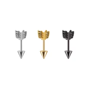 Piercing Flèche en Acier 1.2×6 mm Lobe, Tragus, Hélix (variantes couleur acier, doré ou noir).