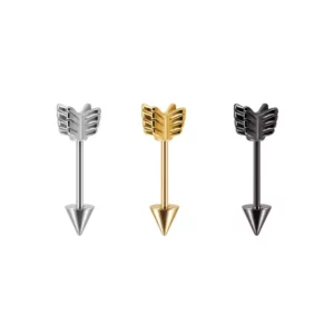 Piercing Flèche en Acier 1.2×10 mm Lobe ou Hélix (variantes couleur acier, doré ou noir).