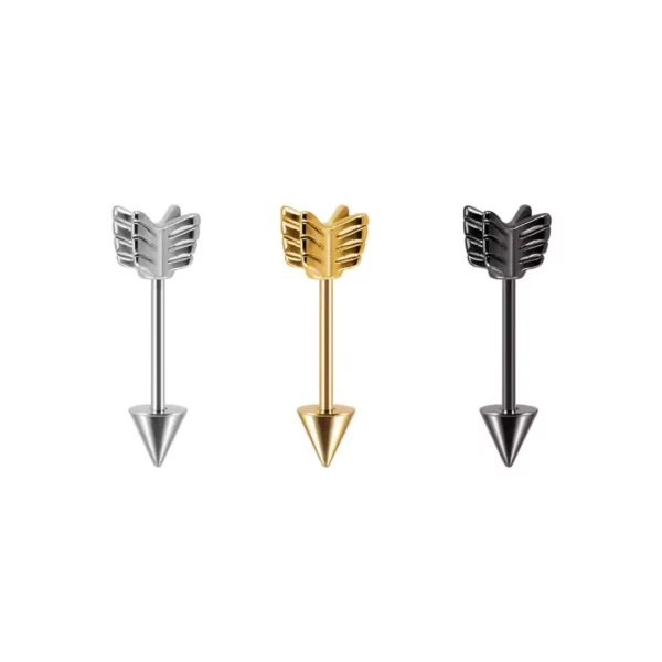 Piercing Flèche en Acier 1.2×10 mm Lobe ou Hélix (variantes couleur acier, doré ou noir).