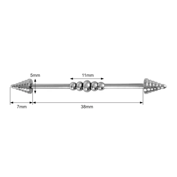 Piercing Industriel 38 mm en acier chirurgical avec Spikes Striés & Billes Centrées (dimensions) Piercing Industriel 38 mm en acier chirurgical avec Spikes Striés & Billes Centrées (dimensions).