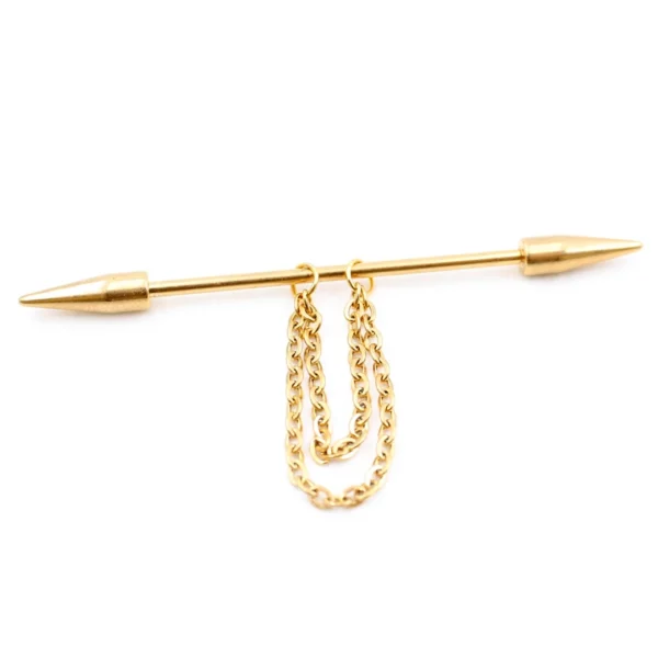 Piercing Industriel à Longues Pointes & Chaînes Pendantes (variante doré) Piercing Industriel à Longues Pointes & Chaînes Pendantes (variante doré).