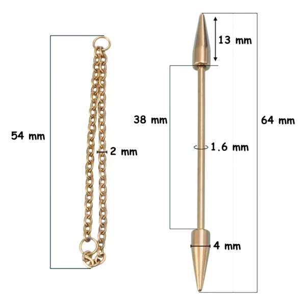 Piercing Industriel à Spikes Longs & Chaînes Pendantes (dimensions) Piercing Industriel à Spikes Longs & Chaînes Pendantes (dimensions).