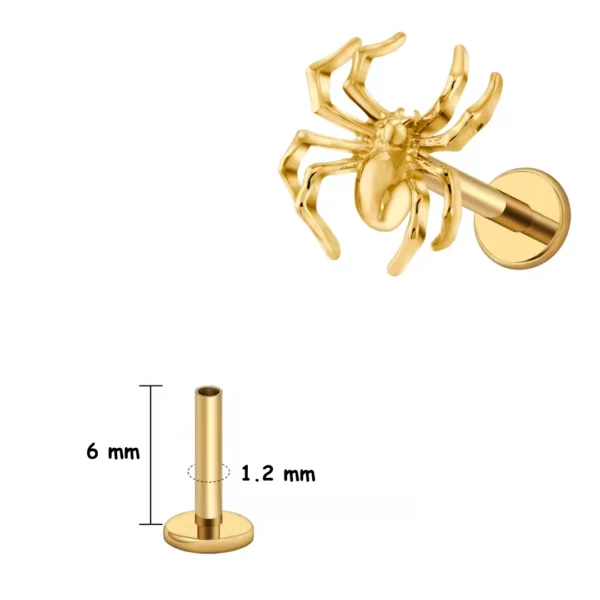 Piercing Labret Araignée Réaliste en Titane Doré (variante tige 6 mm) Piercing Labret Araignée Réaliste en Titane Doré (variante tige 6 mm).
