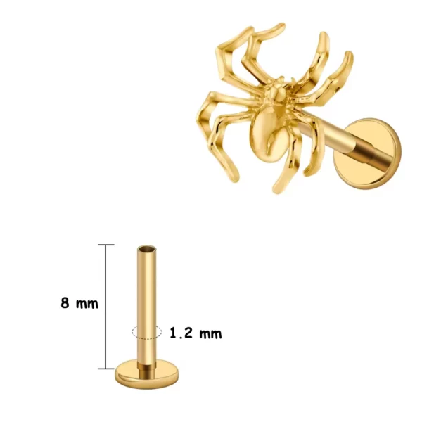 Piercing Labret Araignée Réaliste en Titane Doré (variante tige 8 mm) Piercing Labret Araignée Réaliste en Titane Doré (variante tige 8 mm).