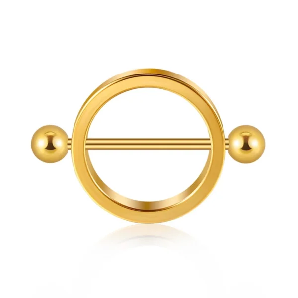 Piercing Téton Bouclier Circulaire avec Barre Traversante (variante acier doré PVD) Piercing Téton Bouclier Circulaire avec Barre Traversante (variante acier doré PVD).