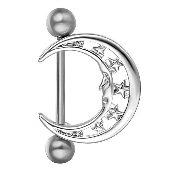 Piercing Téton Croissant de Lune Constellé d’Étoiles en Titane ASTM-F136 Piercing Téton Croissant de Lune Constellé d’Étoiles en Titane ASTM-F136.