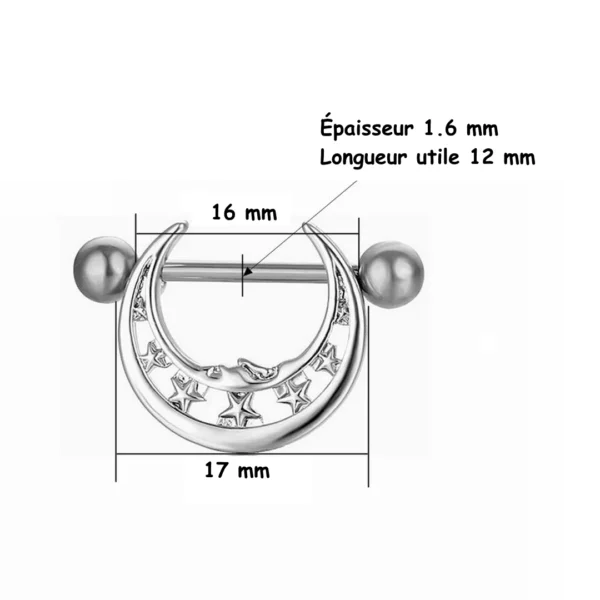 Piercing Téton Croissant de Lune Orné d’Étoiles (dimensions) Piercing Téton Croissant de Lune Orné d’Étoiles (dimensions).