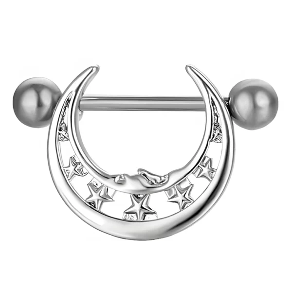 Piercing Téton en forme de Croissant de Lune Constellé d’Étoiles Piercing Téton en forme de Croissant de Lune Constellé d’Étoiles.