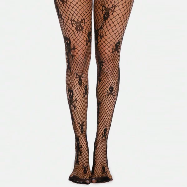 Collant Motif Tête de Mort sur Résille Noire Ajourée en Nylon & Élasthanne Collant Motif Tête de Mort sur Résille Noire Ajourée en Nylon & Élasthanne.
